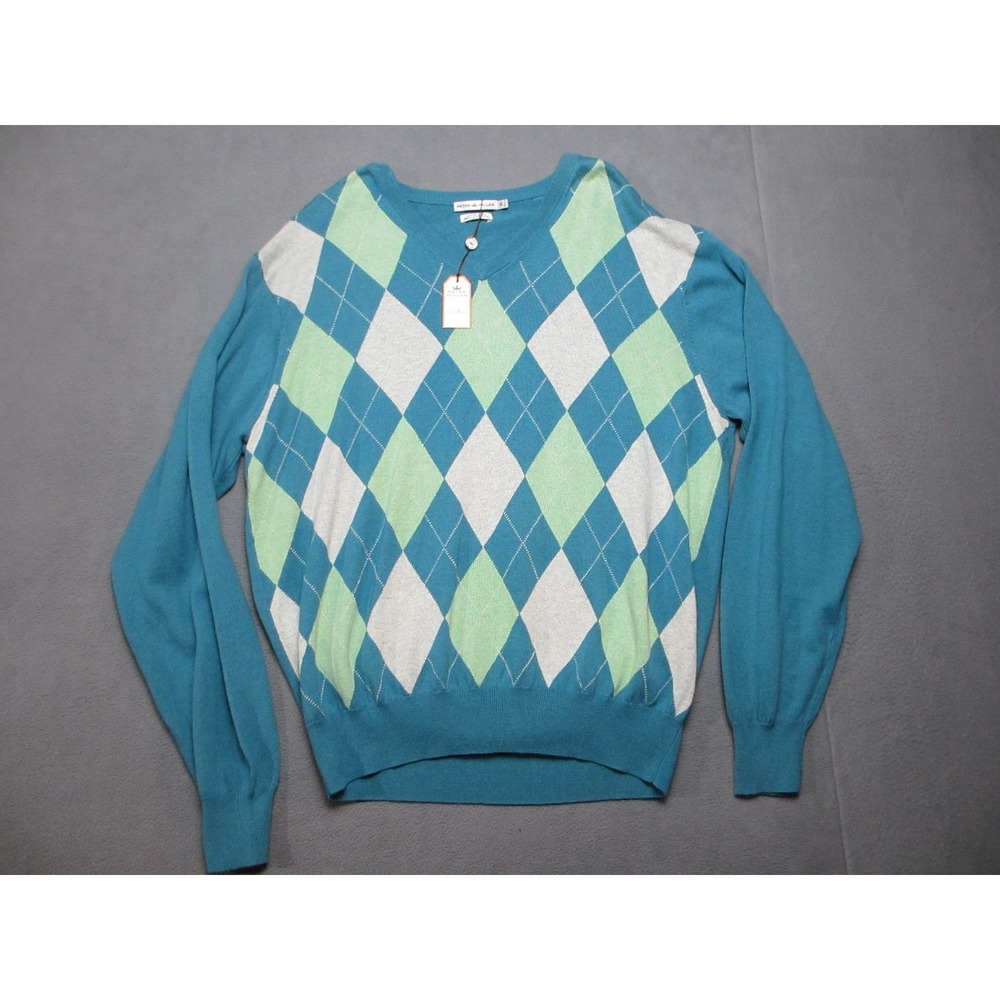 Peter Millar Sweater Mens XL Green Blue Argyle Luxury Cashmere Blend Long Sleeve